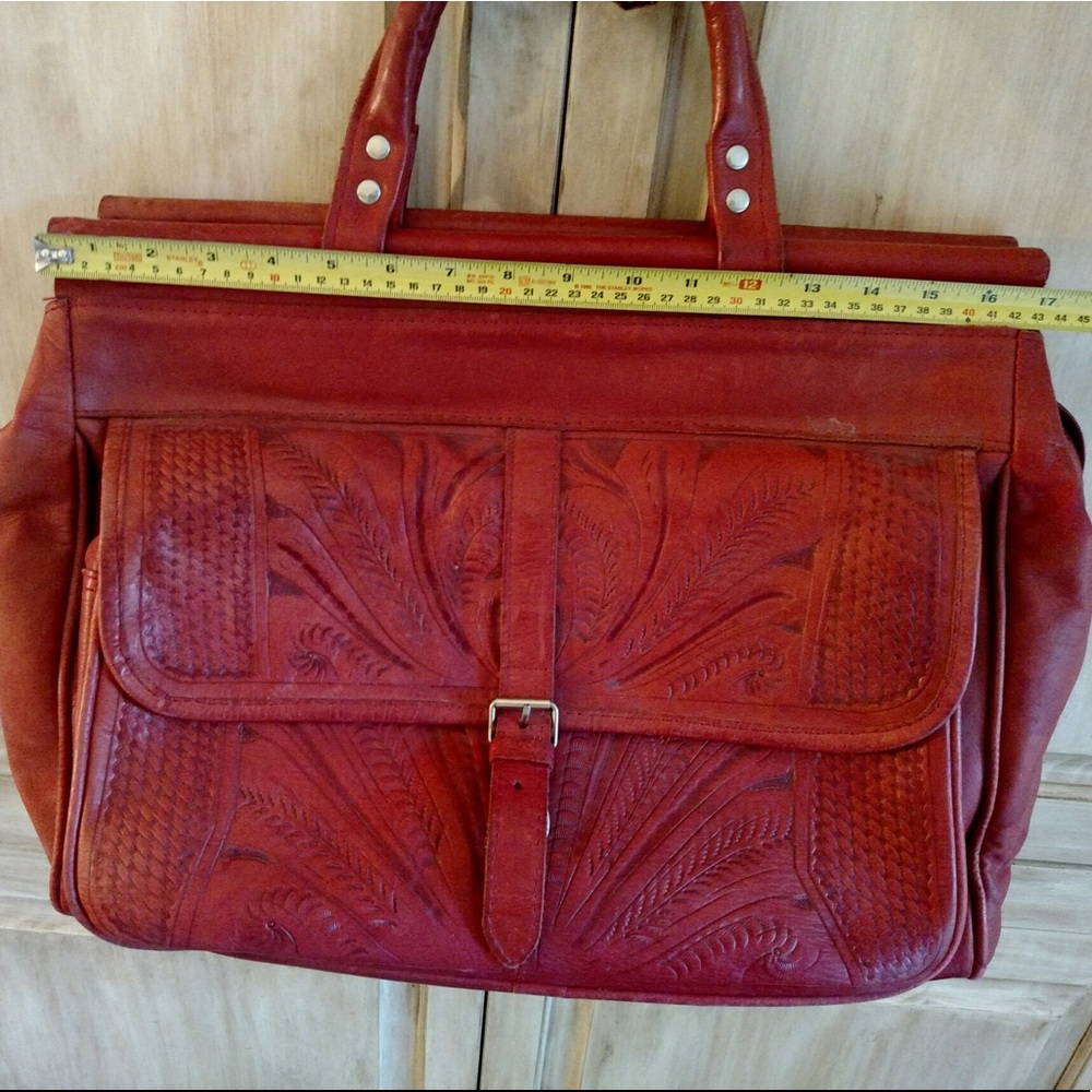 Red Leather Overnight Tooled Leather Bag - Picture 6 of 8